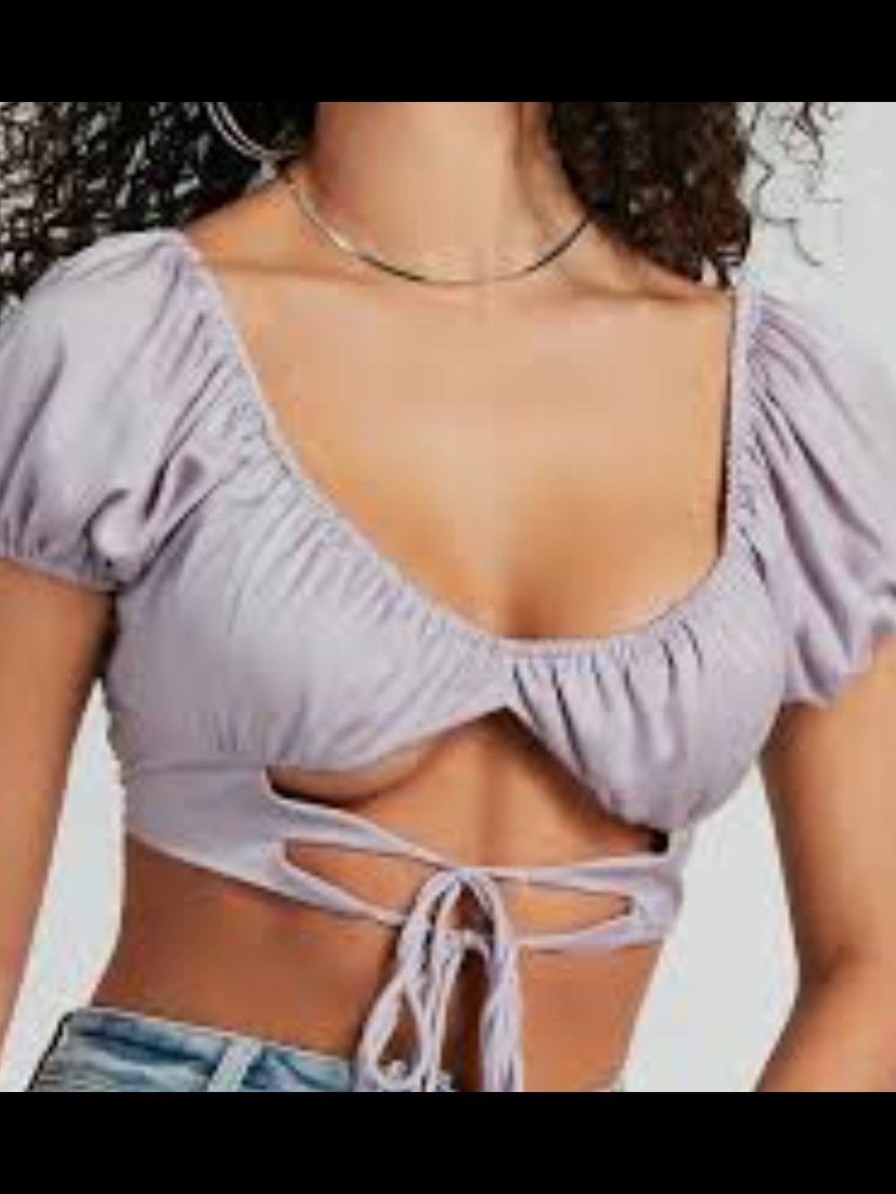 Cotton Candy Lavender Tie-Front Puff Sleeve Crop Top